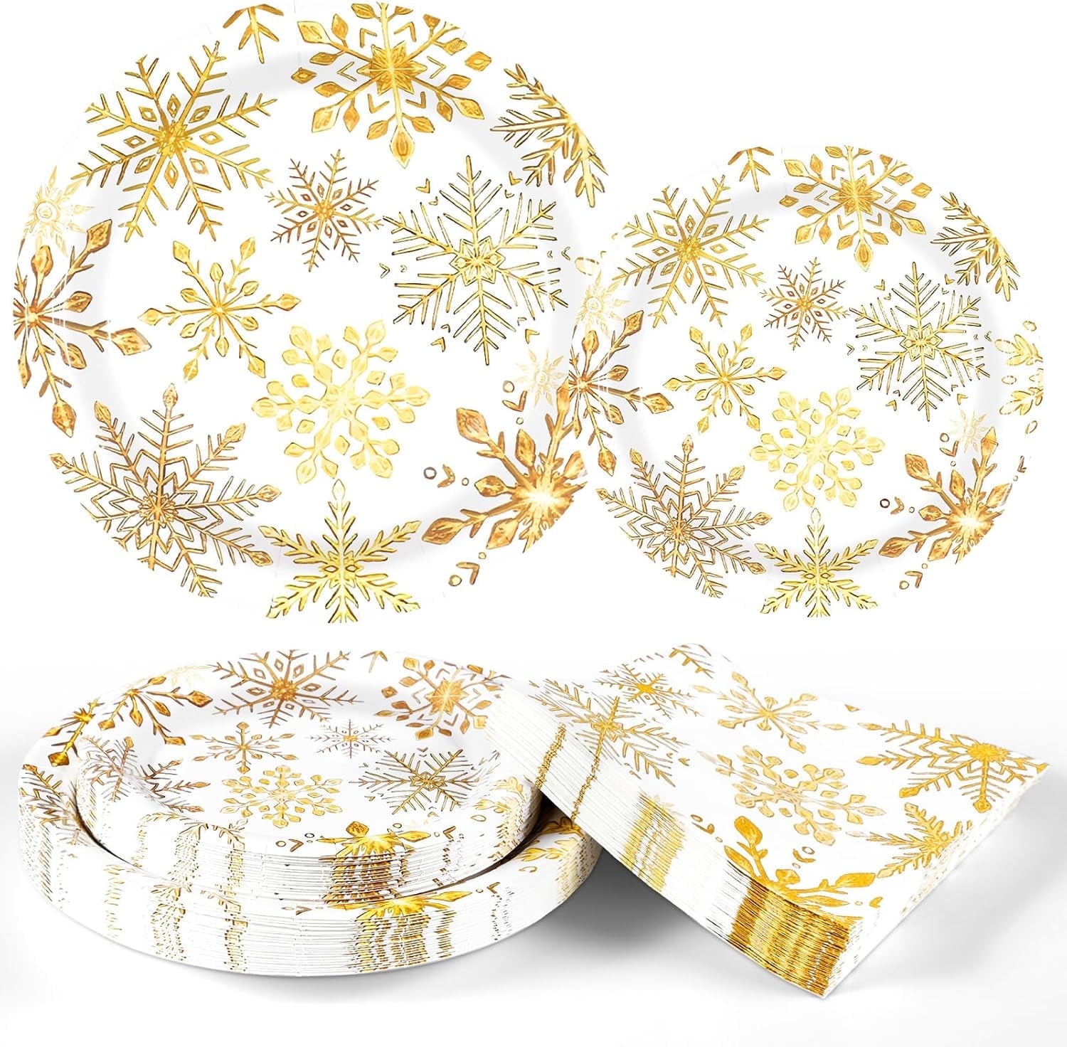 Waipfaru 200 PCS Christmas Party Supplies Disposable Plates Napkins Set,Gold Christmas Tableware Set Dinner Lunch Dessert Appetizer Decoration Xmas Party, Serve 50