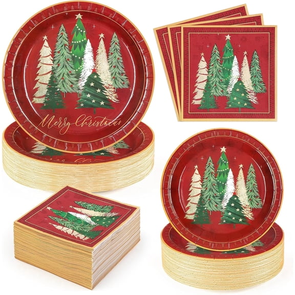 Waipfaru 200pcs Christmas Paper Plates and Napkins Set Decorations for 50 Guests, Holiday Tableware set, Disposable Merry Christmas Theme Party Decor