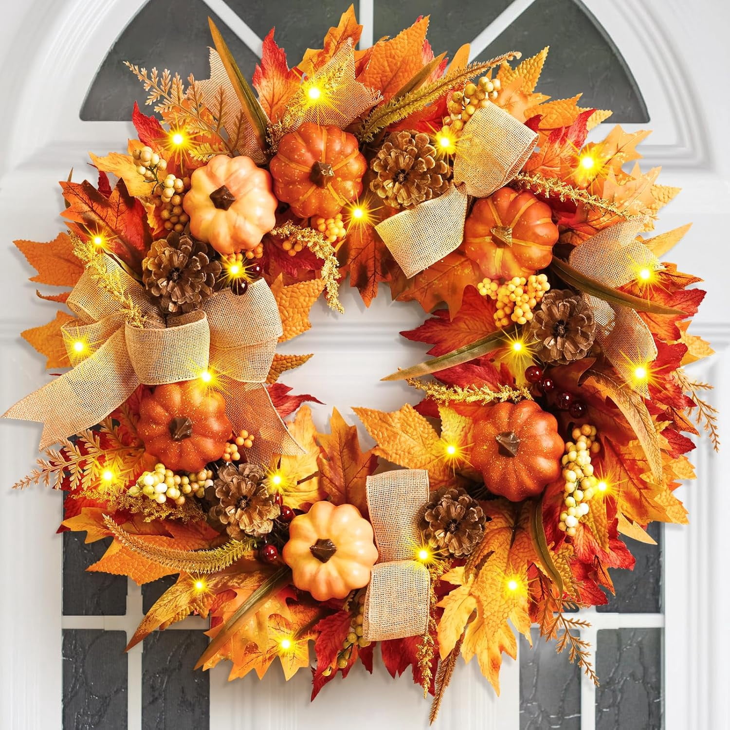 Waipfaru 20inch Fall Wreath for Front Door, Autumn Maple Leaves Wreaths ...