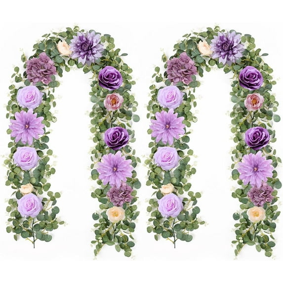 Waipfaru 2pcs Purple Flower Garland, 6ft Artificial Eucalyptus Garland with Purple Roses Flower, Fake Rose Floral Greenery Garland for Wedding Arch Table Wall Room Decor