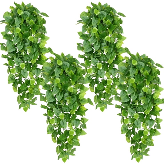 Waipfaru 4 Pack Artificial Pothos Hanging Plants, 42" Fake Trailing Vines Faux Pothos Greenery, Indoor Outdoor Hanging Ivy Foliage for Shelf Wall Patio Farmhouse Decoration