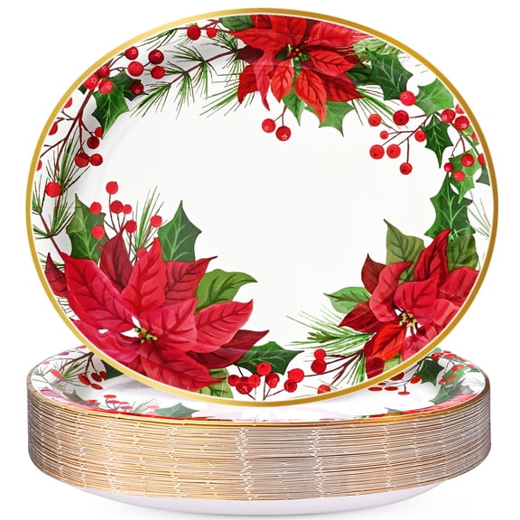 Waipfaru 50Pcs Christmas Paper Plates,Poinsettia Flower Oval Plates,Disposable Dinnerware Serving Tray for Xmas Party Supply, 10 x 12inch