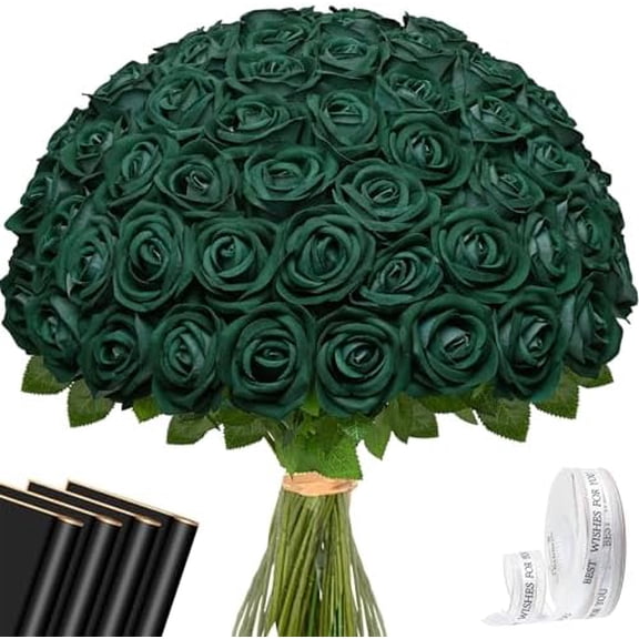 Waipfaru 50 Pcs Green Roses, Fake Roses Artificial Velet Flowers for Valentines Mothers Day Wedding Centerpieces Decor (Emerald Green)