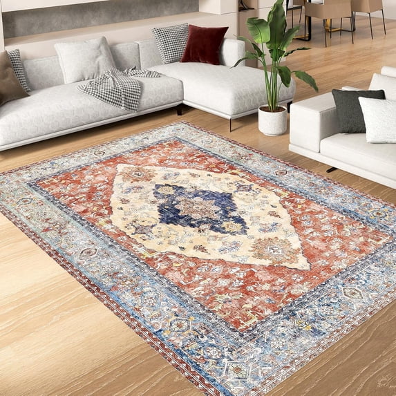 Waipfaru 5x7 Boho Tribal Area Rug, Washable Large Rugs for Living Room,Soft Non-Slip Print Vintage Farmhouse Carpet Rug for Bedroom Room Office Home Decor