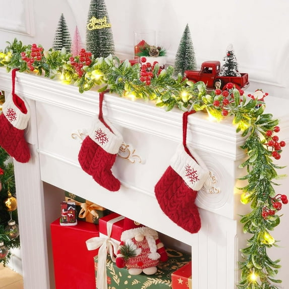 Waipfaru 6.5ft Flocked Christmas Garland with Lights, Pre-lit Mantle Garland with Snowflakes for Indoor & Outdoor, Olive Greenery for Christmas Decorations