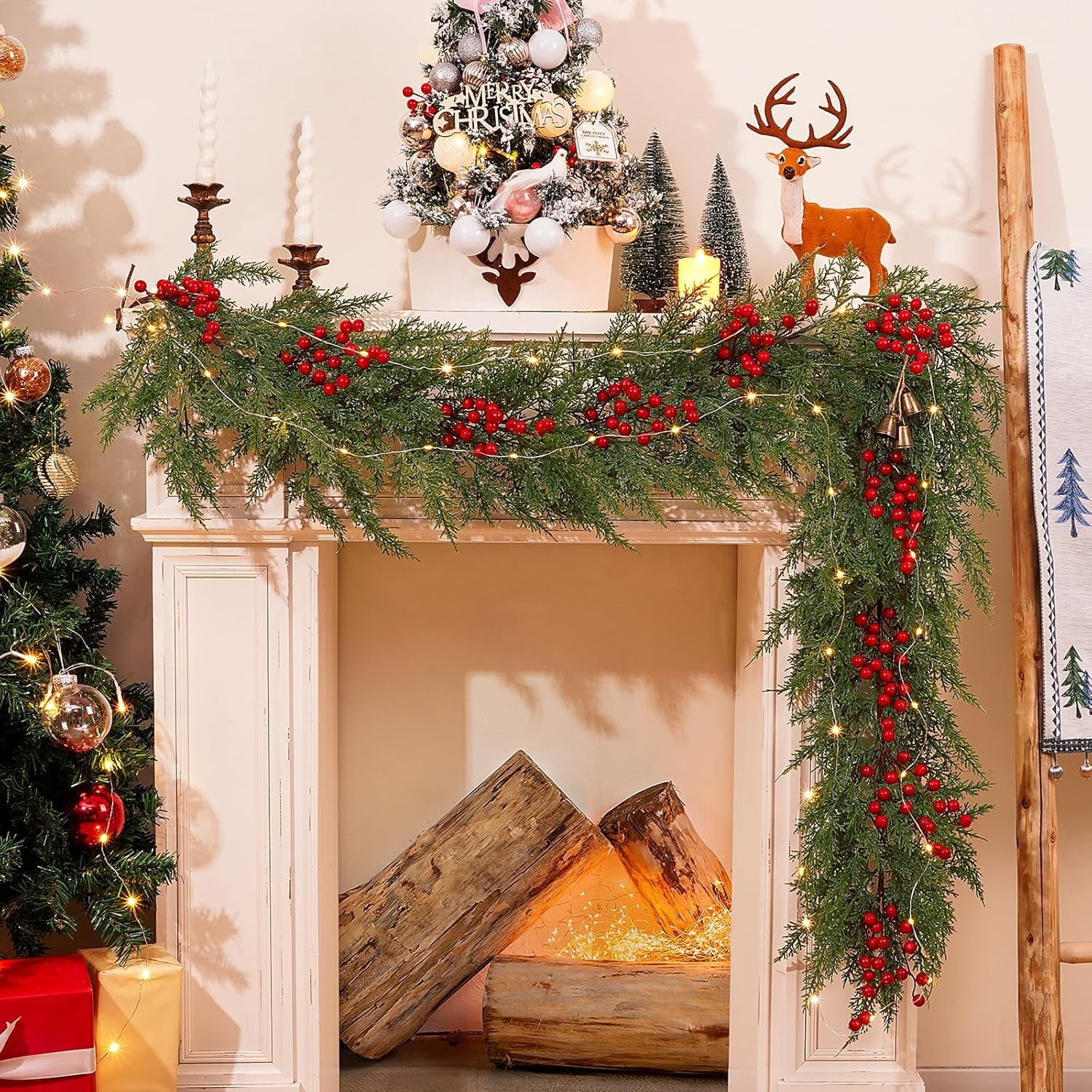 Waipfaru 6ft Christmas Cedar Garland with Lights,20 LED Cypress