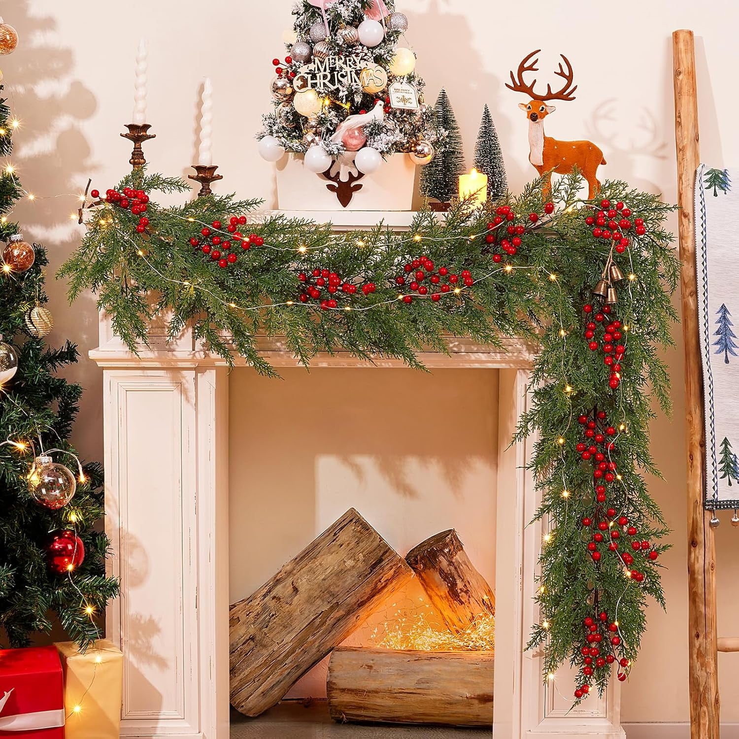 Waipfaru 6FT Christmas Cedar Garland with Lights 20 LED Cypress Pine Garland with Berries Artificial Green Christmas Garland for Door Mantel Fireplace