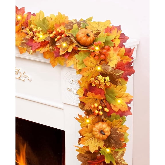 Waipfaru Lighted Fall Garland for Mantle, 6ft Battery Operated Thanksgiving Garland with Timer, Pumpkins,Berries,Autumn Decorations for Fireplace Home