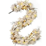 Waipfaru Fall Garland with Lights,5.8ft Maple Leaf Garland with White Pumpkins, Berries&LED Lights,Battery Operated Thanksgiving Garland for Mantel, Fireplace, Tabletop