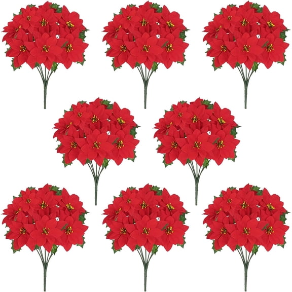 Waipfaru 8pcs Artificial Poinsettia Bushes,14 inch Faux Red Velvet Poinsettia Flowers for Indoor Outdoor Christmas Tree Home Porch Decorations