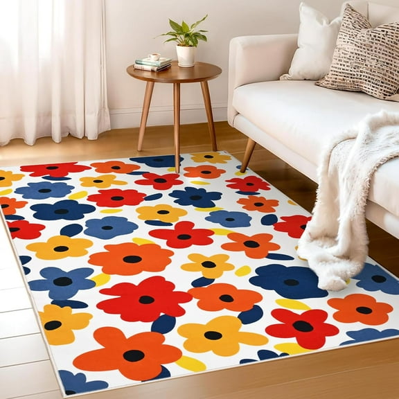 Waipfaru 3x5 Floral Area Rug for Living Room, Spring Summer Vibrant Rugs, Soft Faux Wool Carpet for Kids Room Bedroom Playroom
