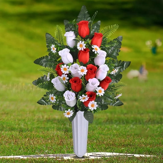 Waipfaru Artificial Cemetery Flowers with Vase,2 Pack Artificial Rose Lily Grave Bouquet,Silk Memorial Flowers for Cemetery Headstones Decoration