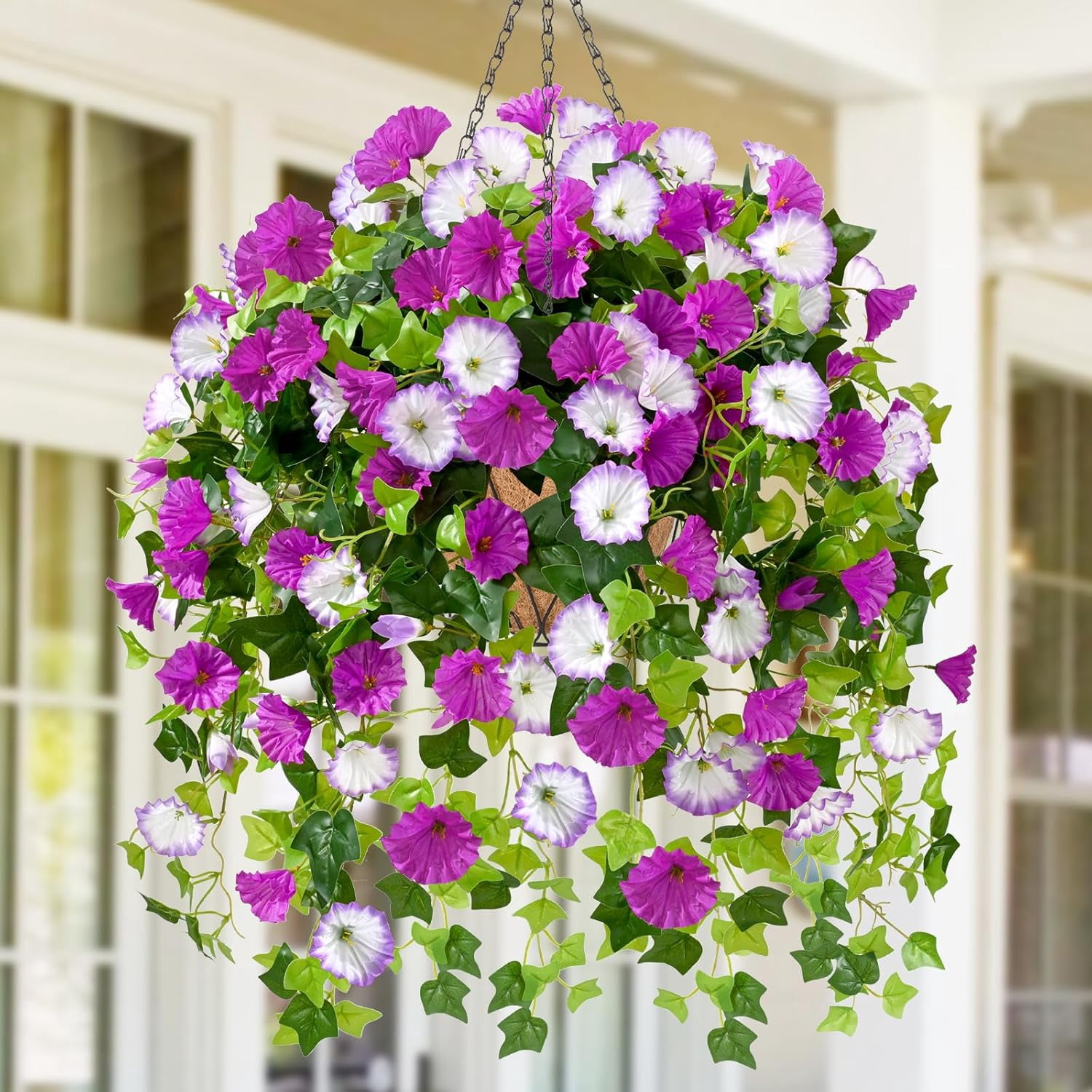 Waipfaru Artificial Hanging Flower Basket, UV Resistant Outdoor Fake Hanging Plants for Porch, Patio, Garden Decor