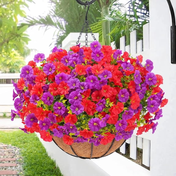 Waipfaru Artificial Hanging Flowers in Basket,Fake Hanging Plants for Outdoors Spring Summer Decoration,UV Resistant Petunias Flower for Garden Porch Patio Balcony Decor