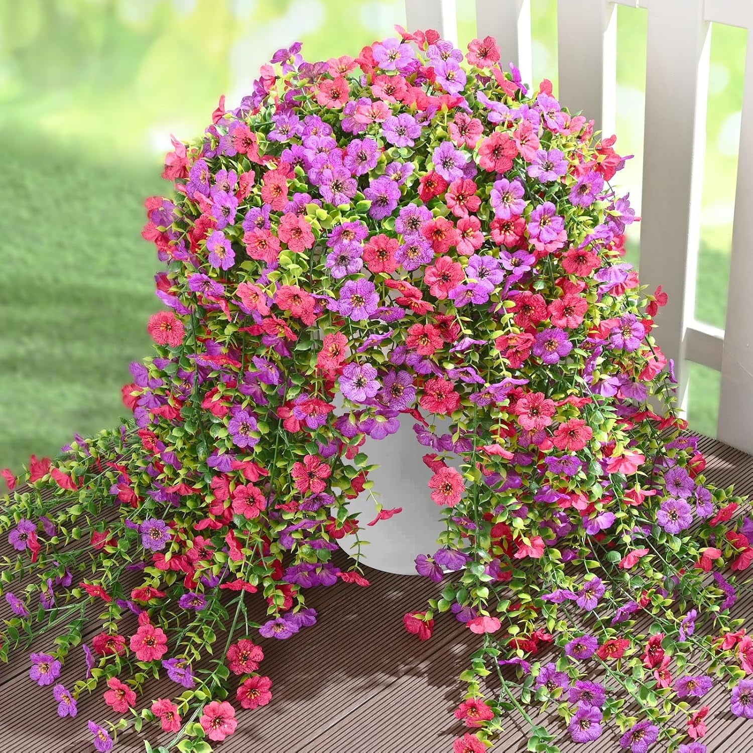 Waipfaru Artificial Hanging Flowers for Outdoors Spring Summer Decoration,2 Pcs UV Resistant Faux Silk Violet Fake Flowers for Garden Porch Window Home Decor(Purple&Rose Red)