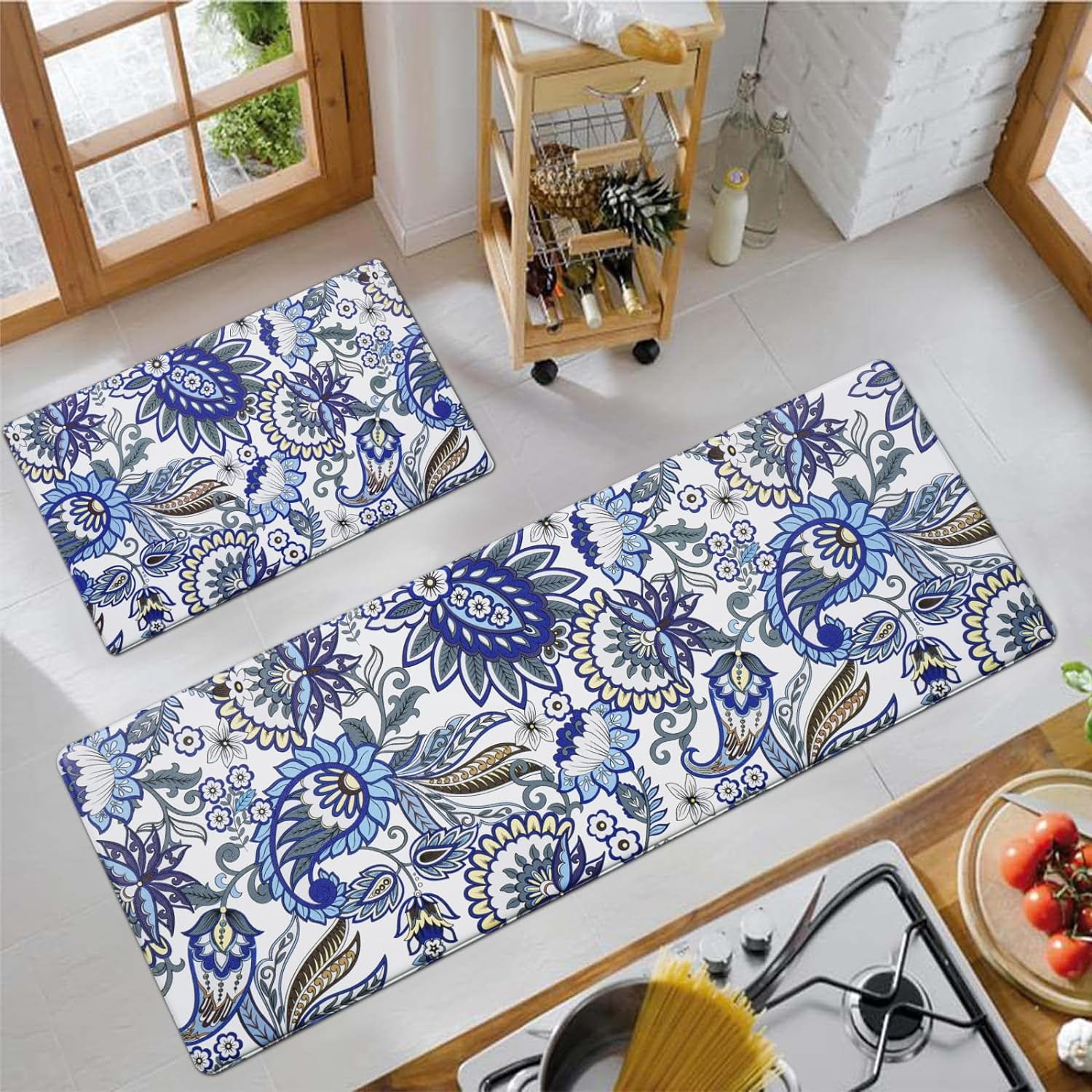 Waipfaru Bohemian Kitchen Mats Blue Anti Fatigue PVC Non Slip kitchen