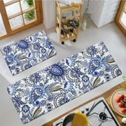 Waipfaru Bohemian Paisley Doormats Blue Anti Fatigue Kitchen Mats PVC Non Slip Bathroom Rug Sets, 18" x 30" +18" x 48"