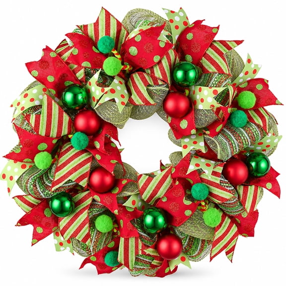 Waipfaru Christmas Wreath for Front Door, 20”Red and Green Ribbon Wreath with Ornaments, Whimsical Holiday Decor for Entryway, Wall and Fireplace Mantel