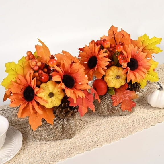 Waipfaru Fall Decorations for Desktop,2Pcs Artificial Fall Flowers with Burlap Base, Fall Leaves Sunflower Decor Thanksgiving Decorations, Fall Centerpieces for Tables