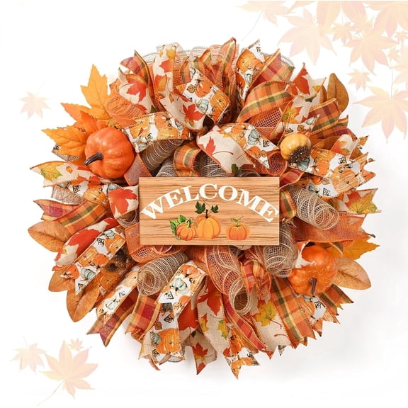 Waipfaru Fall Wreath for Front Door,20inch Autumn Mesh Wreath with Pumpkins, Ribbons,Welcome Sign,Rustic Farmhouse Decor for Thanksgiving Harvest
