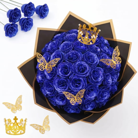 Waipfaru Glitter Roses Bouquet Blue,36pcs Glitter Artificial Flowers,DIY Glitter Everlasting Rose Bouquet with Stem for Birthday,Engagement,Anniversary,Wedding