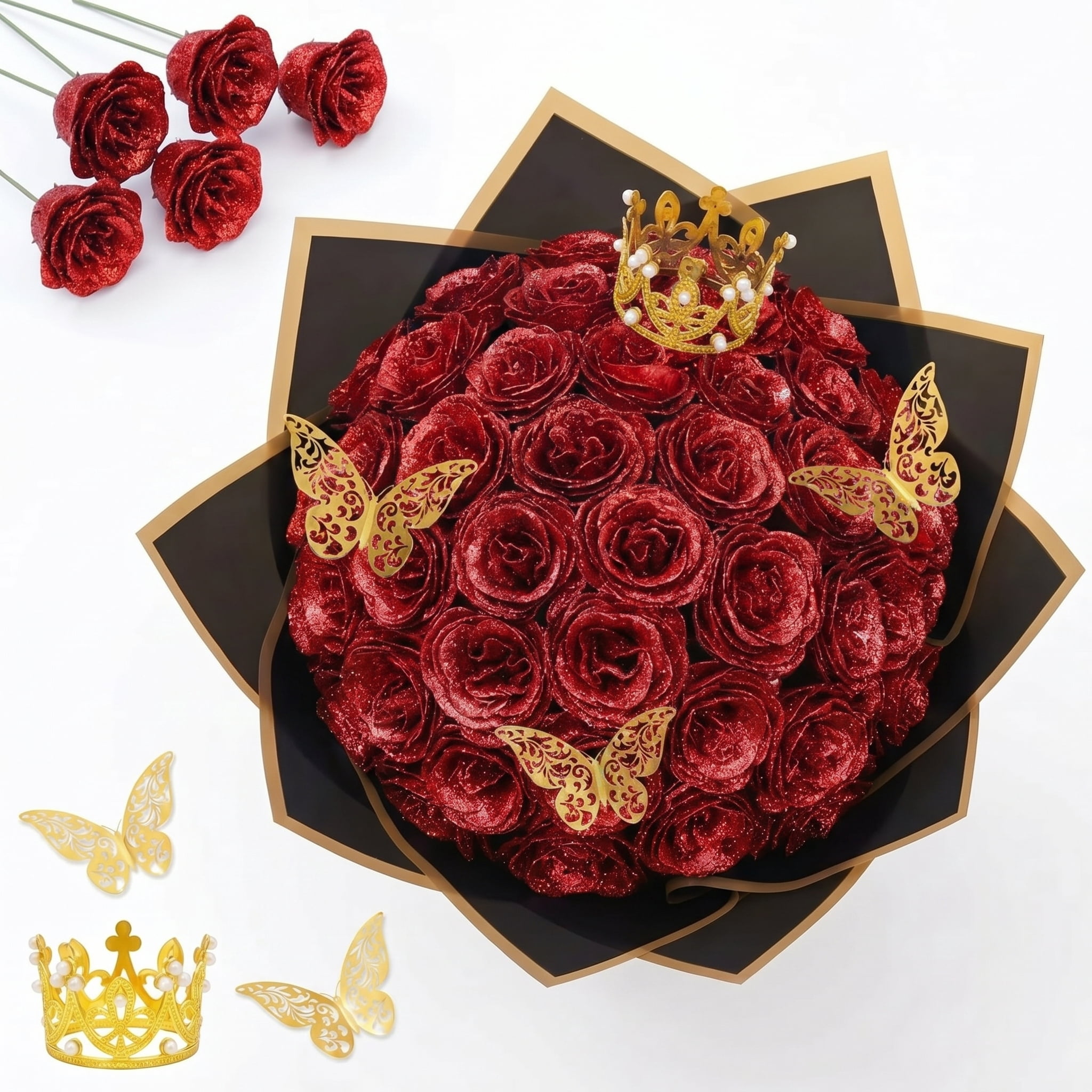 Waipfaru Glitter Roses Bouquet,24pcs Artificial Rose Flower,DIY Glitter Everlasting Rose Bouquet with Stem for Graduation,Engagement,Anniversary,Wedding