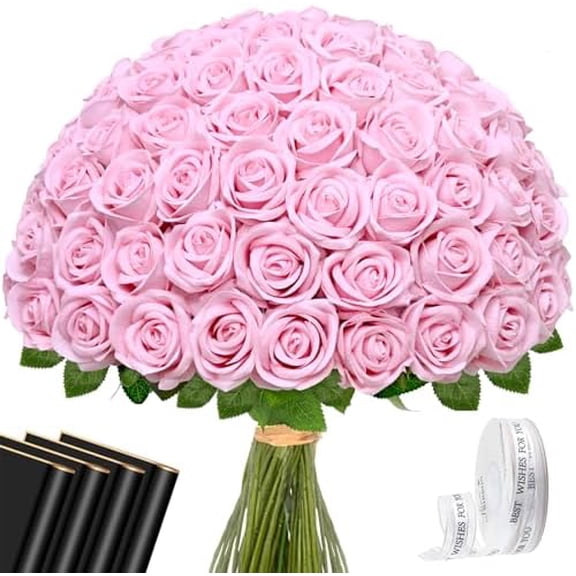 Waipfaru Pink Roses Artificial Flowers Bulk, Real Touch Velvet Roses with Wrapping Paper, 50 Pcs Fake Flowers for Wedding Centerpieces Bridal Bouquet Valentines Mothers Day Decor