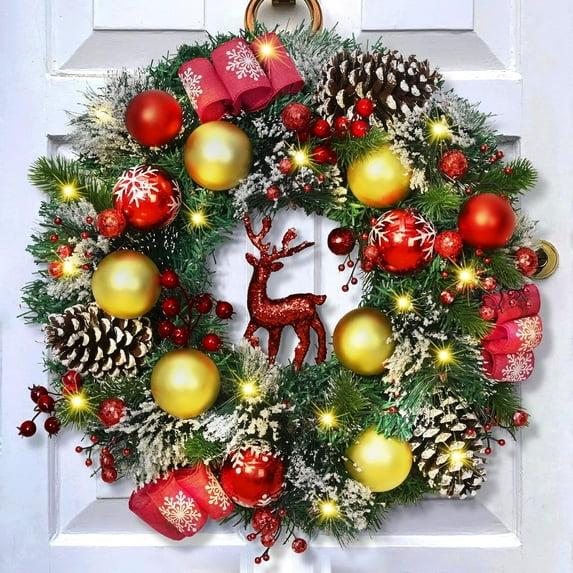 Waipfaru Pre-Lit Christmas Wreaths for Front Door,16"Artificial Christmas Wreath with Lights Xmas Balls Berries Pinecones for Fireplace Window Outdoor Decoration