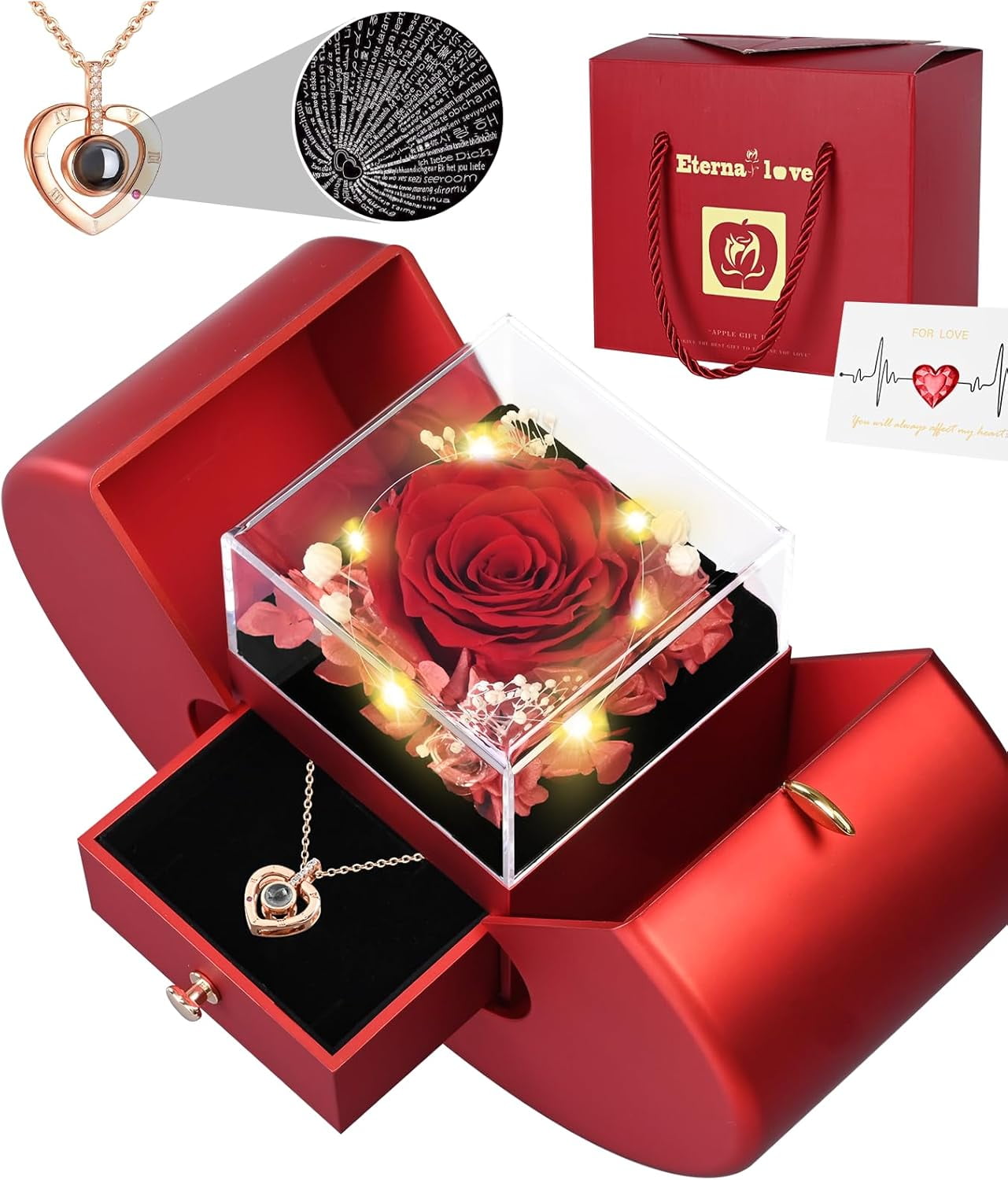 Waipfaru Preserved Flower Real Rose with Heart Necklace, Eternal Flower Gift Box for Mom,Girlfriend,Wife,Grandma on Valentine's Day,Mother's Day,Anniversary