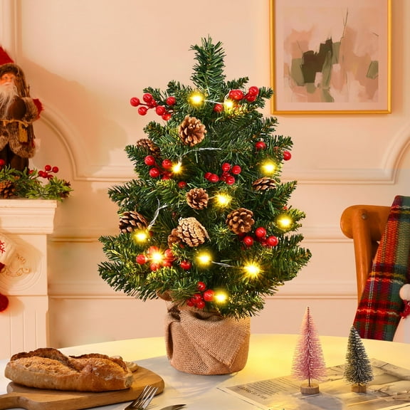 Waipfaru Small Christmas Tree,22 inch Mini Artificial Christmas Tree with 20 LED String Lights, Pine Cones, Berry Clusters, Tabletop Small Xmas Tree for Holiday Indoor DIY Christmas Decor