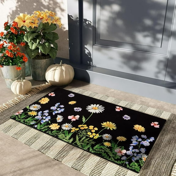 Waipfaru Spring Doormats Yellow Floral Front Doormat Non Slip Welcome Door Mat for Outdoor and Indoor, 18" x 30"