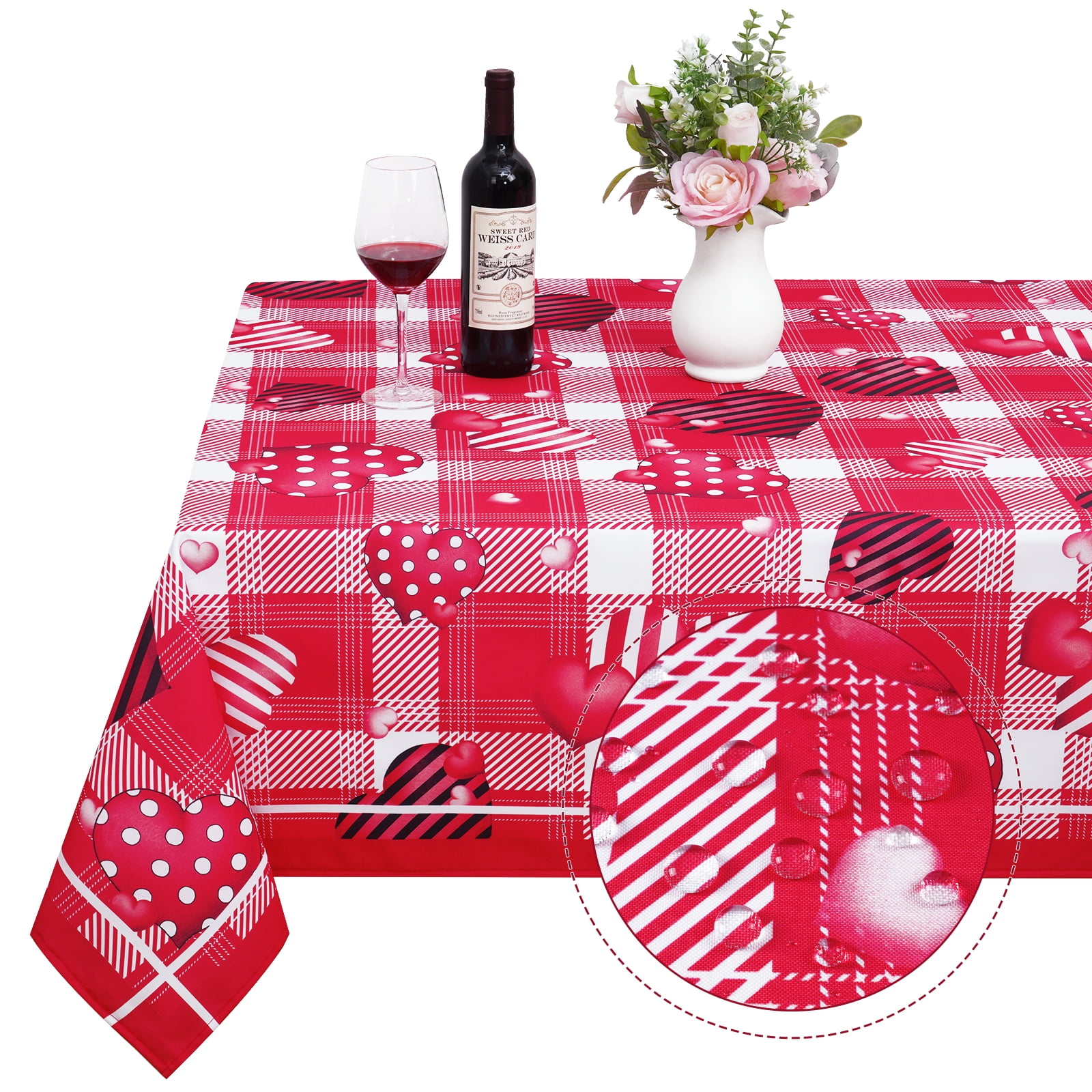 Waipfaru Valentine's Day Tablecloth Red Plaid Table Cloth Waterproof