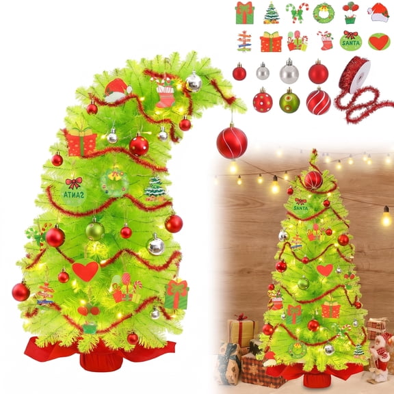 Waipfaru Whimsical Pre-lit Christmas Tree, 3.4ft Tabletop Tree with Lights, Red & Green Holiday Decorations, Mini Artificial Christmas Tree for Xmas Home Decor