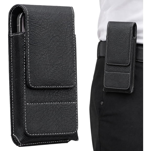 Waist Belt Cell Phone Pouch, Pu Leather Holster with Magnetic Flip Cover, Rear Belt Clip and Card Holder, Multi-Pocket Phone Case for Work, Travel and Daily Carry
