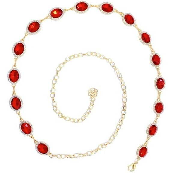 Waist Belt for Women Adjustable Diamond Chain Belt Women's Dress Metal Belt Girls Red Gems Belt Crystal Stone Chain Metal Link Chain Belt Western Style Waist Belt, Red-1 Pc