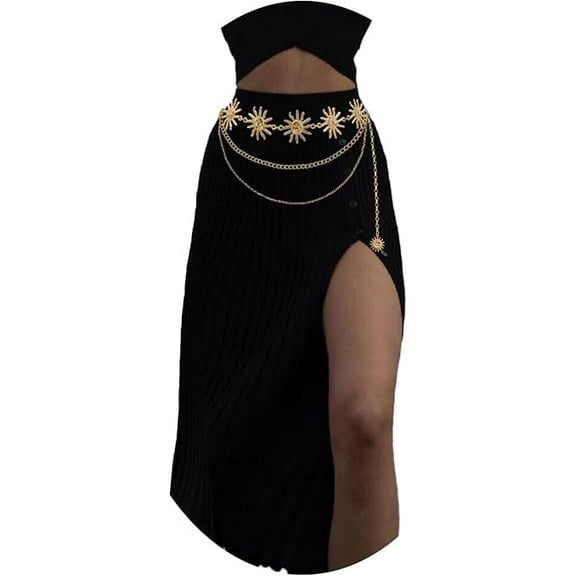 Waist Chain Belt Multilayer Gold Silver Sun Moon Chain Belt for Women Dress Body Belly Chain Metal Waist Chain,47inch