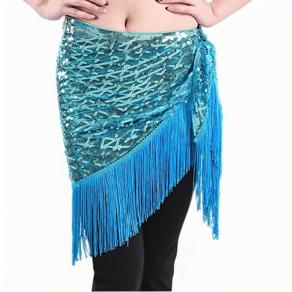 Waist Chain Skirts Womens Tassel Sequin Triangle Hip Scarf Warp Skirts Belt Sparkly Belly Dance Clothing Light Blue, Free Size