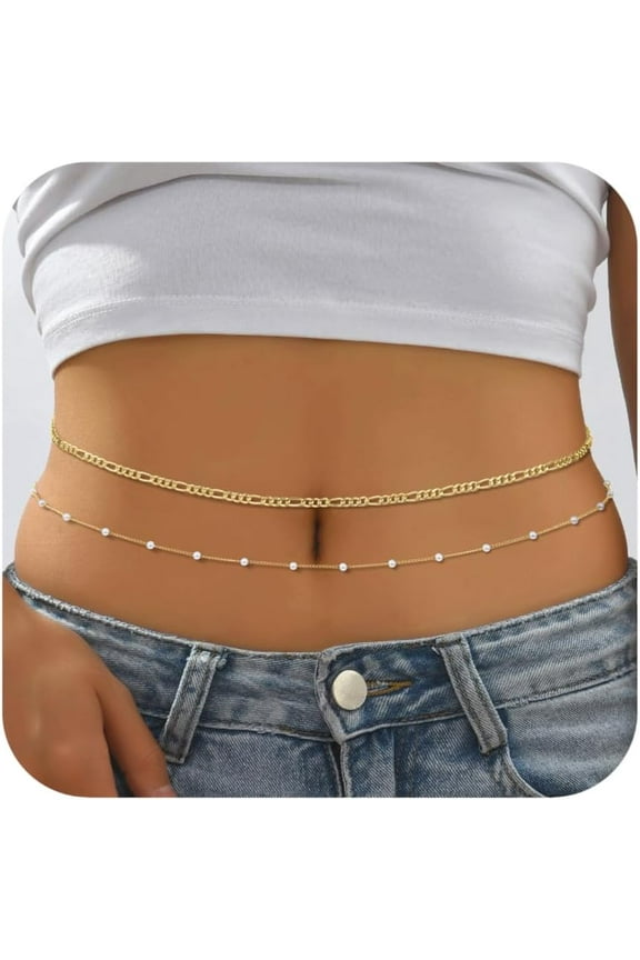 Waist Chain for Women, 2Pcs Adjustable Pearl Beads Body Chain, Sexy Layered Summer Beach Bikini Belly Jewelry Accessories