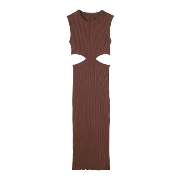Waist Cut Out Knit Long Dress O Neck Sleeveless Female High Quality Chic Sexy Vestidos