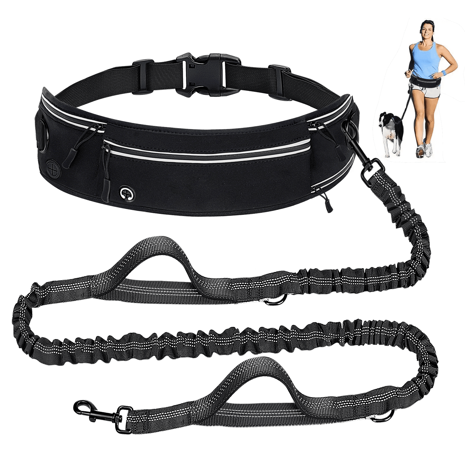Waist Dog Leash Hands Free Dog Leash, Waist Running Leash with Zipper, Walking Pouch for Dog Walking, Reflective Dual Padded Handles Walking Leashs, Bungee Retractable Running for Medium to Large Dog