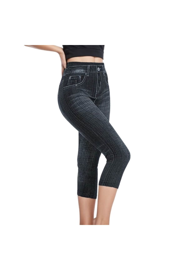Waist Elastic Capris Jeans Leggings High Leggings Women'S Imitation Pants Soft Stretch Casual Bottoms Black L