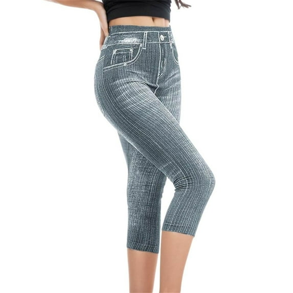 Waist Elastic Capris Jeans Leggings High Leggings Women'S Imitation Pants Soft Stretch Casual Bottoms Grey M