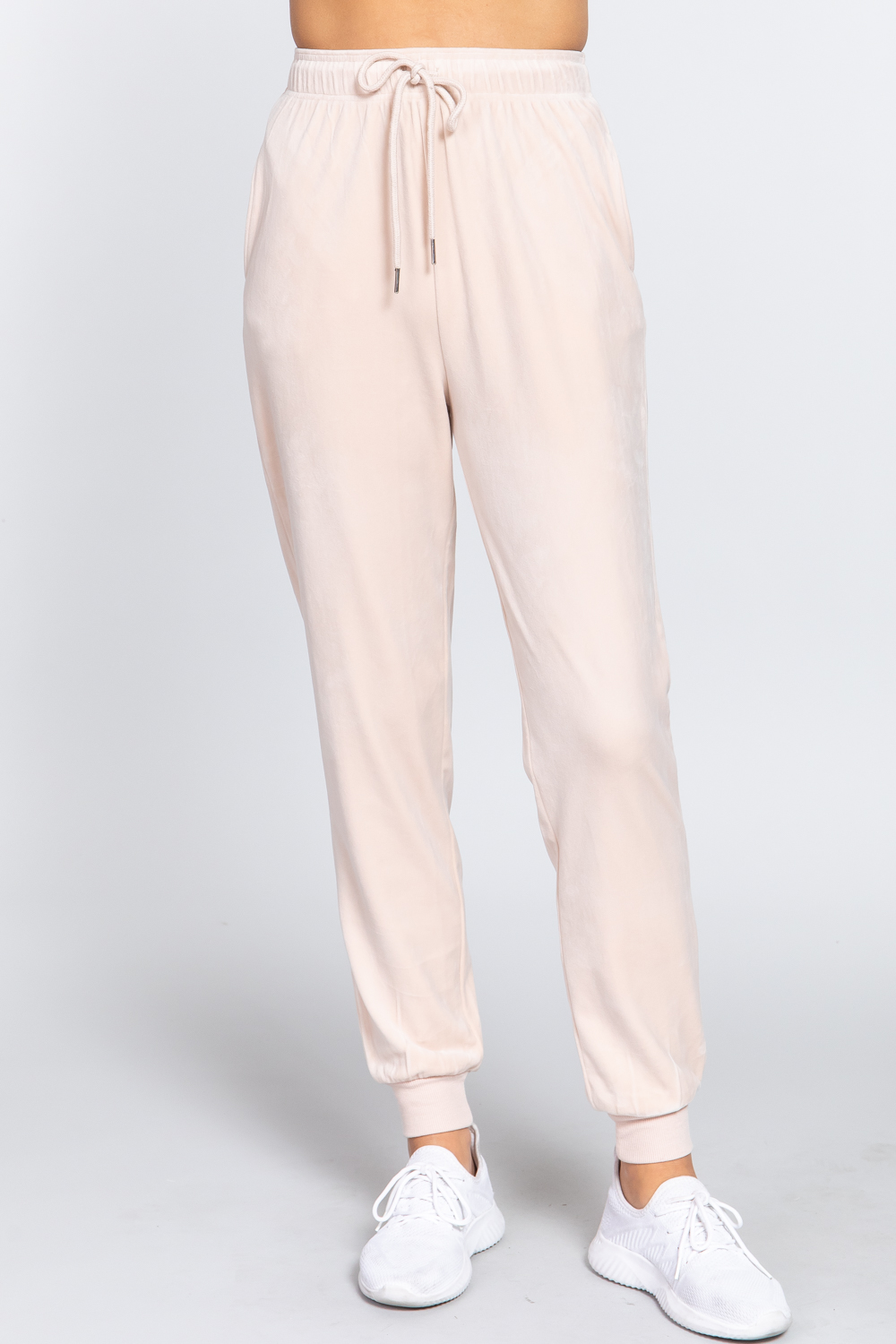 Waist Elastic Velour Long Jogger Pants Cream L