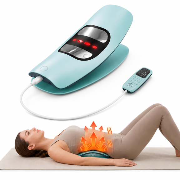 Waist Massager for Lower Back, Multifunctional Back Stretching Device with 12 Intensity Levels, 3 Vibration Modes and Heating Function for Home Use