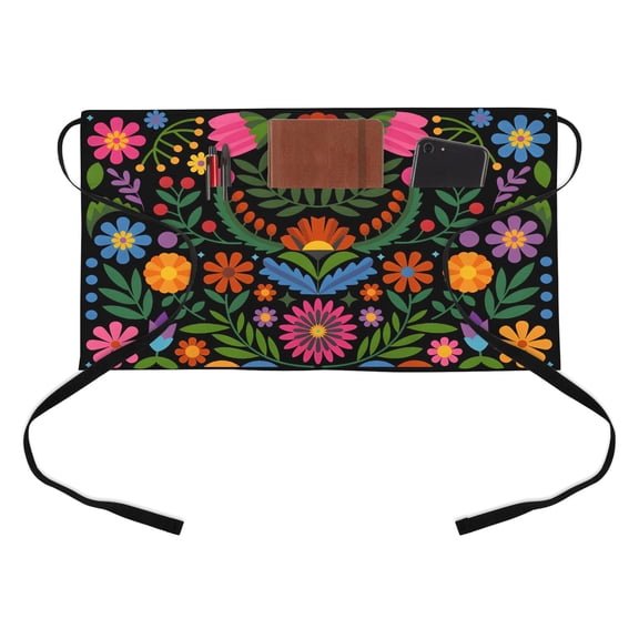 Waist Server Aprons, Bohemian Aprons for Women with Pockets, Waitress Apron, Waiter Half Apron for Cooking Red Green Tribal Mexican Abstract Flower