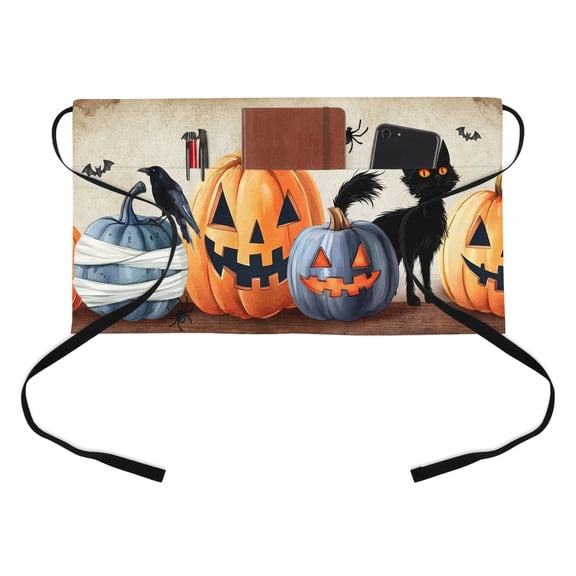 Waist Server Aprons, Halloween Aprons for Women with Pockets, Waitress Apron, Waiter Half Apron for Cooking Vintage Spooky Pumpkins Horror Bat Black Cat