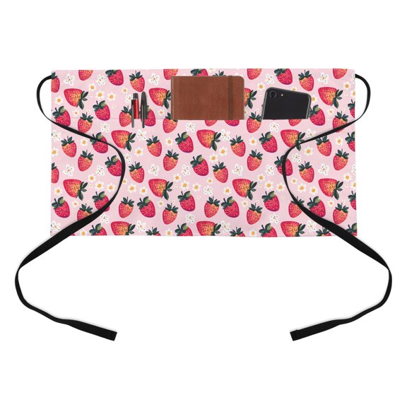 Waist Server Aprons, Strawberry Aprons for Women with Pockets, Waitress Apron, Waiter Half Apron for Cooking Pink Spring Summer Rustic Floral Fruit