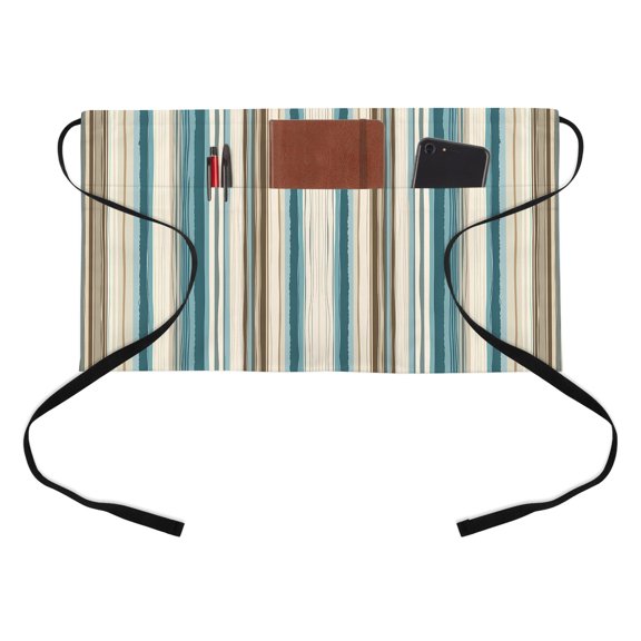 Waist Server Aprons, Turquoise Beige Aprons for Women with Pockets, Waitress Apron, Waiter Half Apron for Cooking Boho Vertical Stripes Bohemian Retro