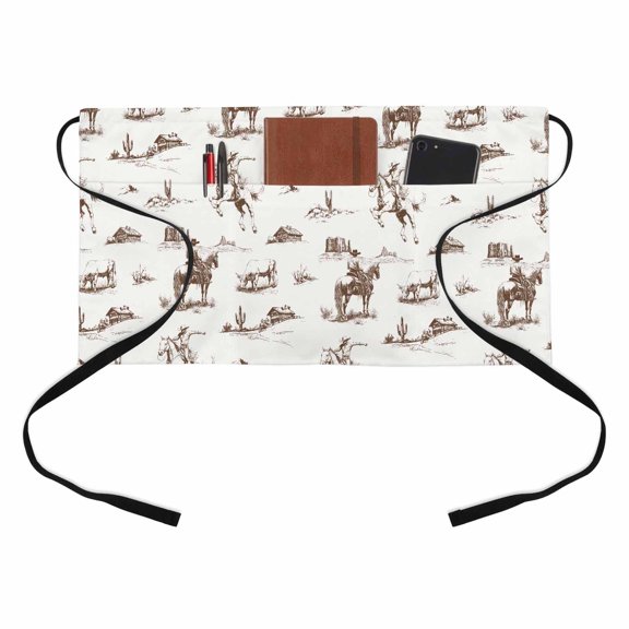 Waist Server Aprons, Western Cowboy Aprons for Women with Pockets, Waitress Apron, Waiter Half Apron for Cooking Retro Desert Cactus Country Cowboy Brown