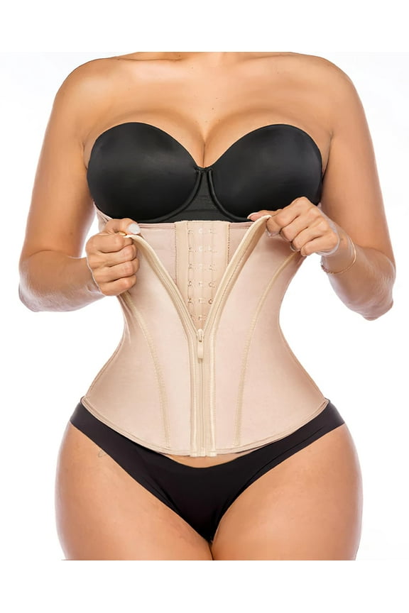 Waist Trainer for Women Latex Underbust Tummy Control Waist Cincher Corset Hourglass Body Shaper Zipper and Hooks,YA2231-Black-S